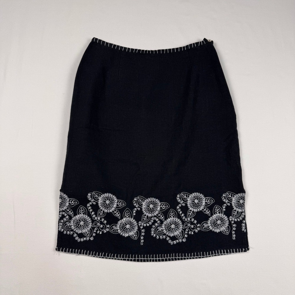 Richard Malcolm Skirt Womens 4 Black Embroidered Linen Blend Floral Pencil
